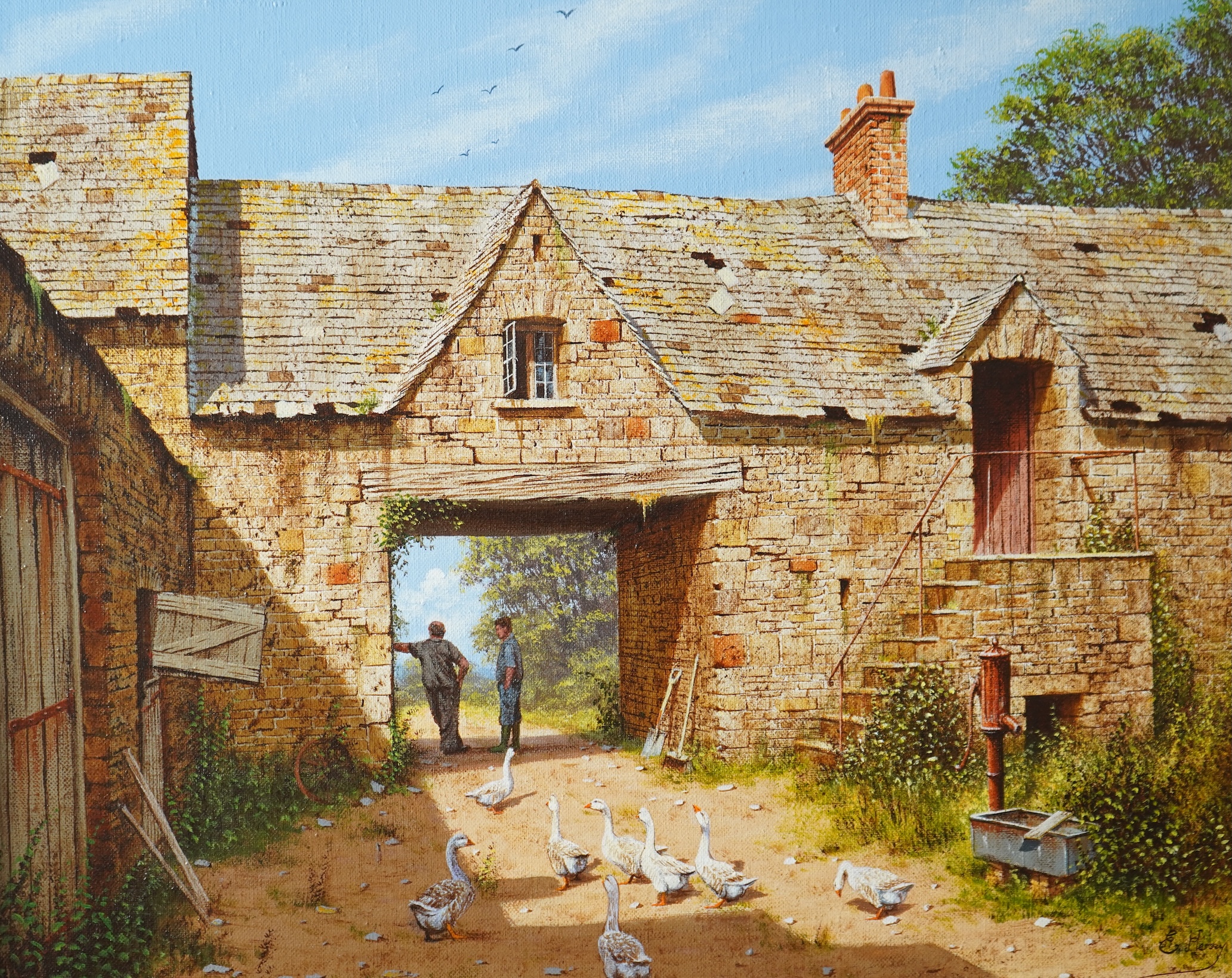 Edward Hersey, b.1948, Geese in a Farm Courtyard